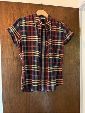 Casual Plaid Short-Sleeve Button-Up Blouse - Navy/Red/Yellow -